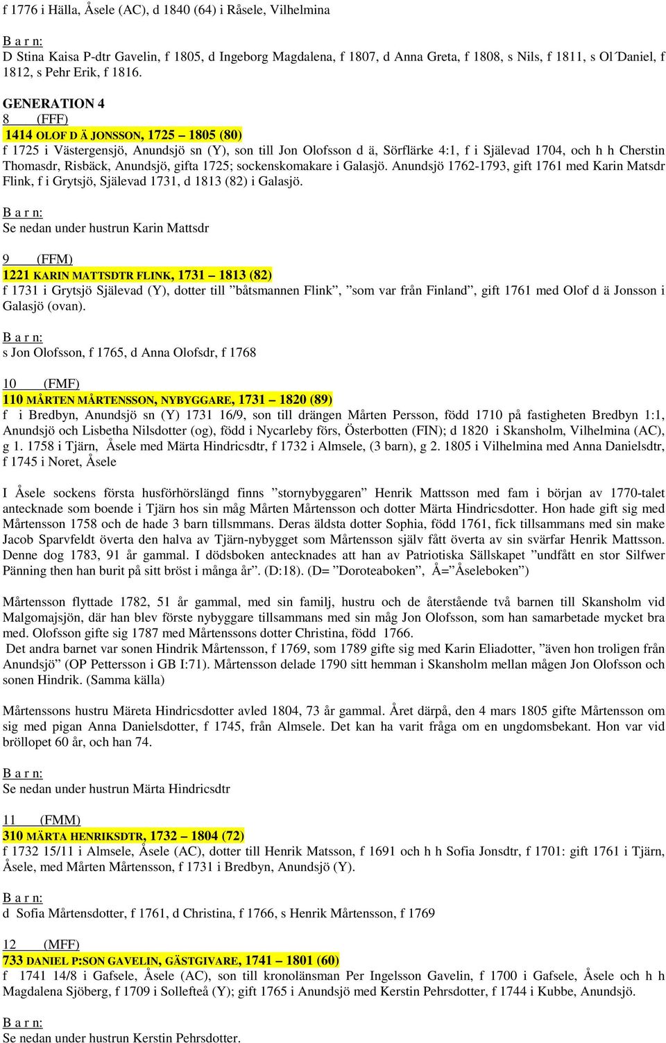 GENERATION 4 8 (FFF) 1414 OLOF D Ä JONSSON, 1725 1805 (80) f 1725 i Västergensjö, Anundsjö sn (Y), son till Jon Olofsson d ä, Sörflärke 4:1, f i Själevad 1704, och h h Cherstin Thomasdr, Risbäck,