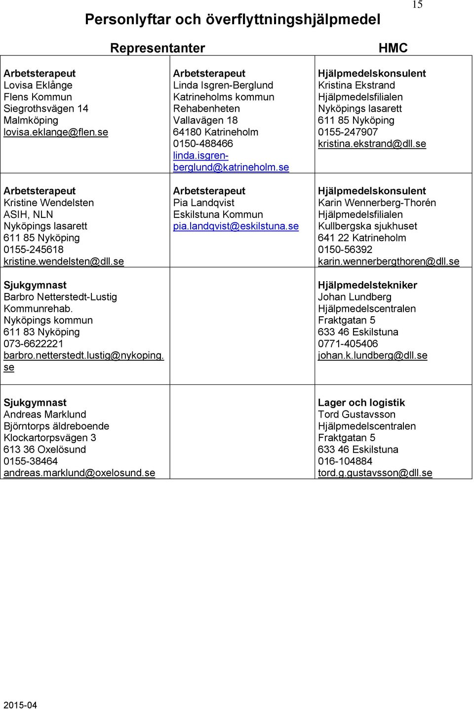 se Linda Isgren-Berglund Katrineholms kommun Rehabenheten Vallavägen 18 64180 Katrineholm 0150-488466 linda.isgrenberglund@katrineholm.se Pia Landqvist Eskilstuna Kommun pia.landqvist@eskilstuna.