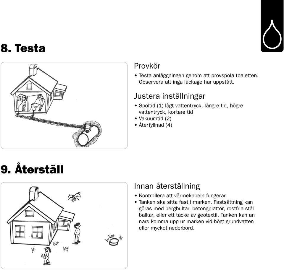 Återställ Innan återställning Kontrollera att värmekabeln fungerar. Tanken ska sitta fast i marken.