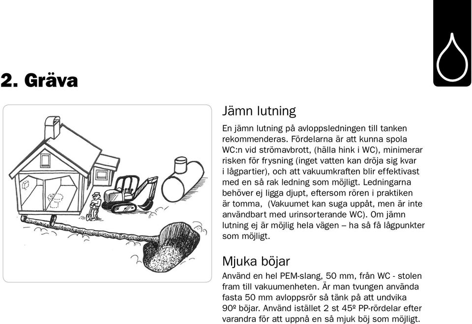 så rak ledning som möjligt. Ledningarna behöver ej ligga djupt, eftersom rören i praktiken är tomma, (Vakuumet kan suga uppåt, men är inte användbart med urinsorterande WC).