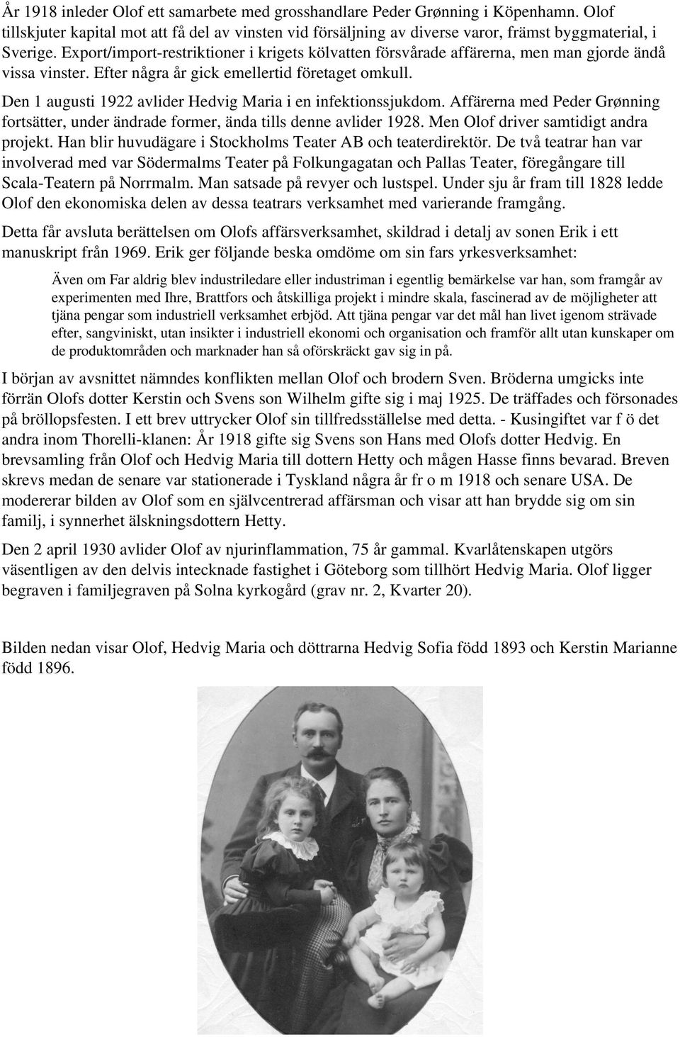 Den 1 augusti 1922 avlider Hedvig Maria i en infektionssjukdom. Affärerna med Peder Grønning fortsätter, under ändrade former, ända tills denne avlider 1928. Men Olof driver samtidigt andra projekt.