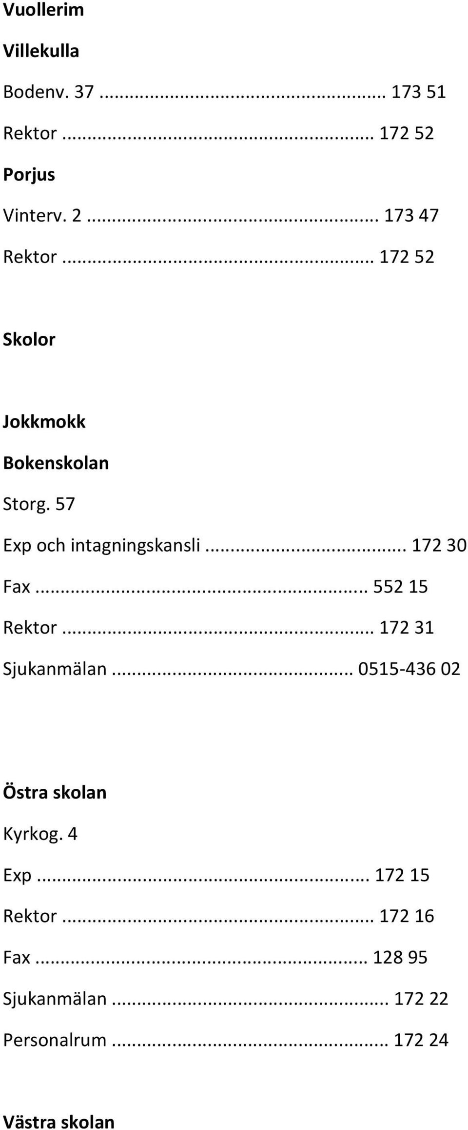 .. 172 30 Fax... 552 15 Rektor... 172 31 Sjukanmälan... 0515-436 02 Östra skolan Kyrkog.