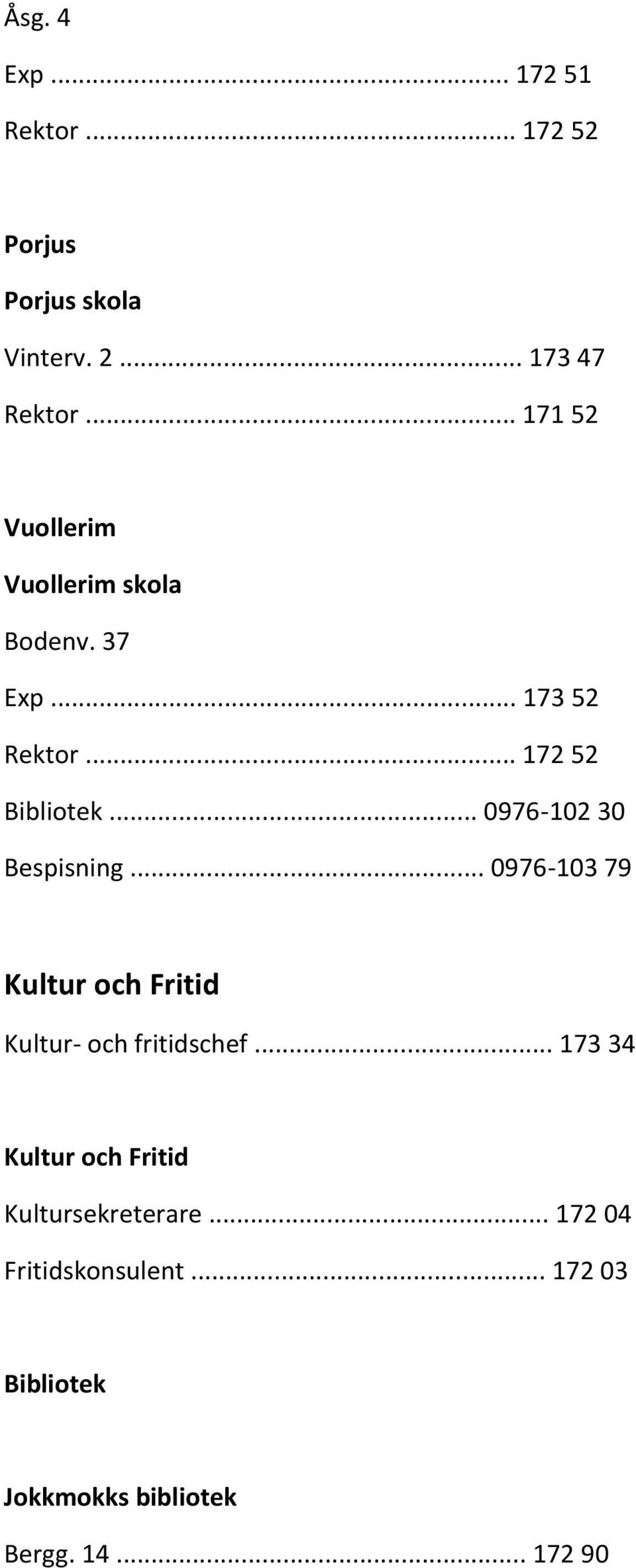 .. 0976-102 30 Bespisning... 0976-103 79 Kultur och Fritid Kultur- och fritidschef.