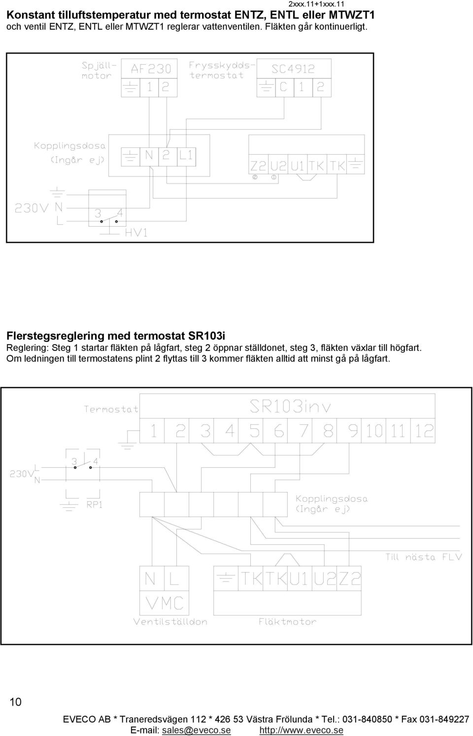 Flerstegsreglering med termostat SR103i Reglering: Steg 1 startar fläkten på lågfart, steg 2 öppnar