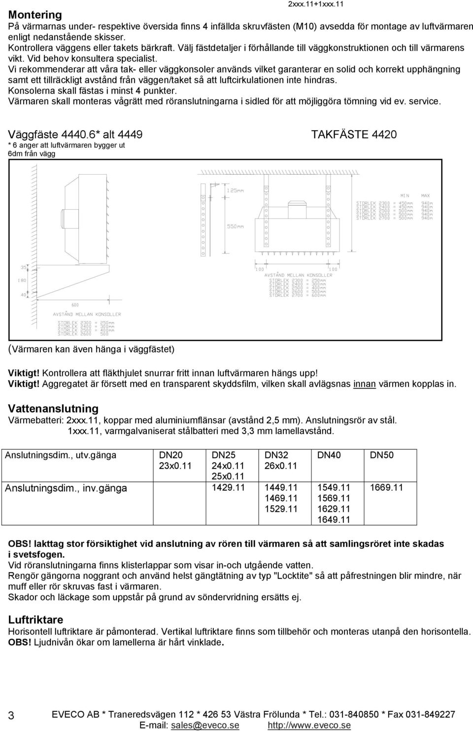 Vi rekommenderar att våra tak- eller väggkonsoler används vilket garanterar en solid och korrekt upphängning samt ett tillräckligt avstånd från väggen/taket så att luftcirkulationen inte hindras.