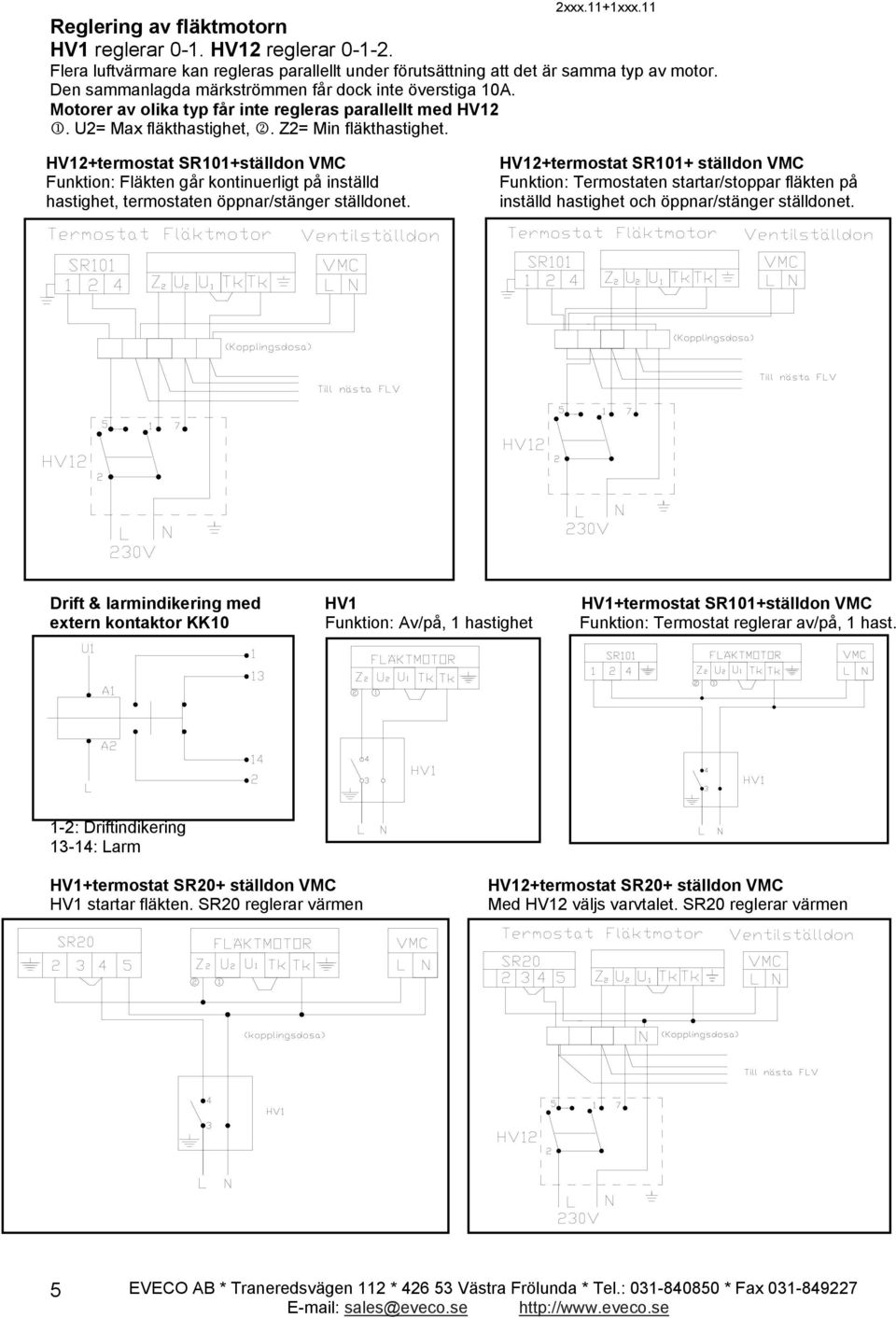 HV12+termostat SR101+ställdon VMC Funktion: Fläkten går kontinuerligt på inställd hastighet, termostaten öppnar/stänger ställdonet.