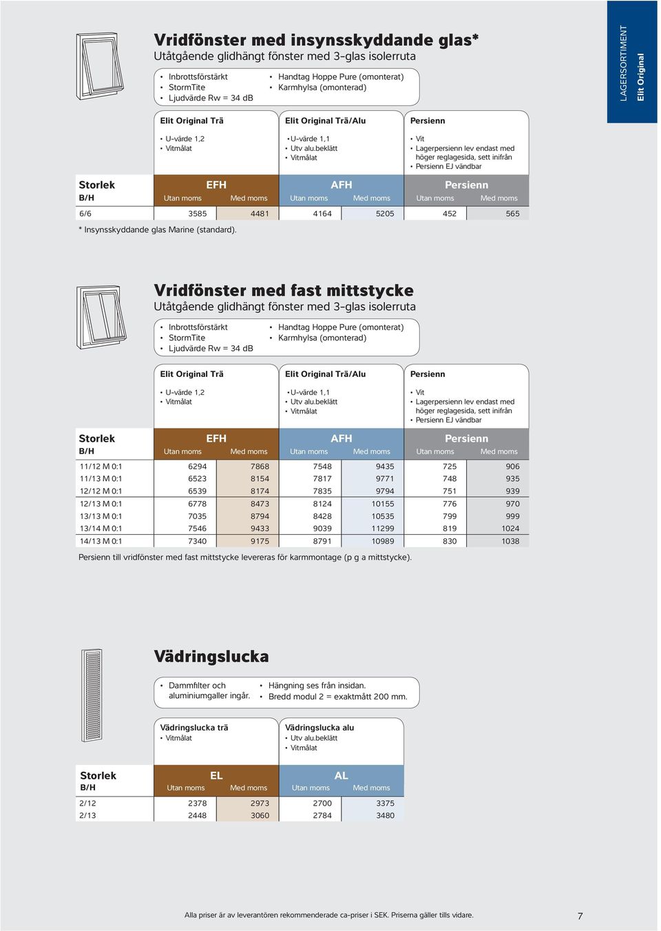 Elit Original Trä Elit Original Trä/Alu Persienn U-värde 1,2 Vitmålat EFH U-värde 1,1 Utv alu.