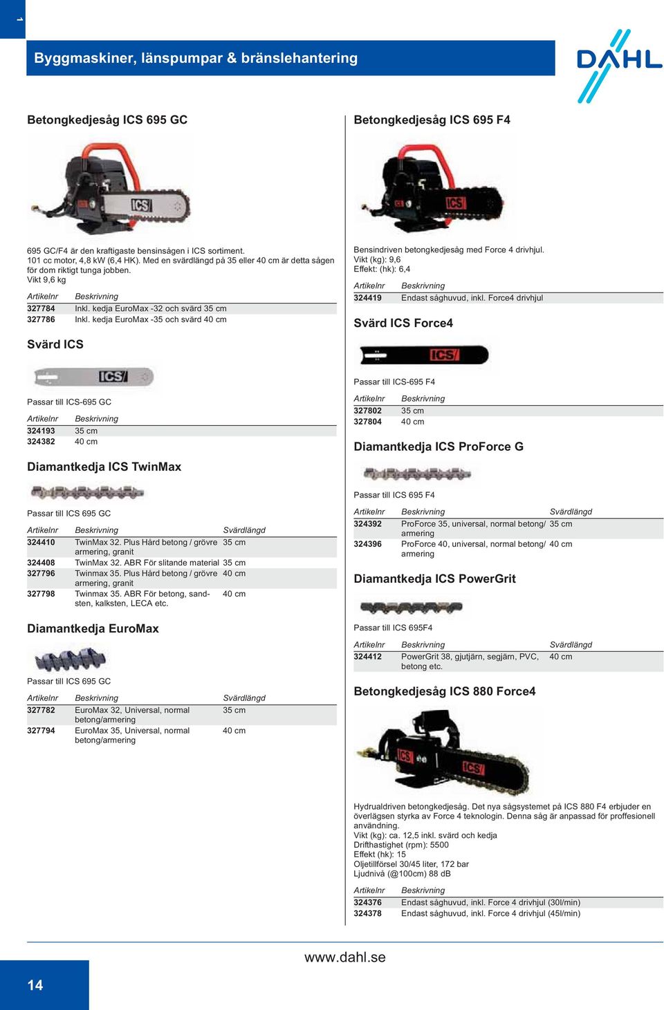 kedja EuroMax -35 och svärd 40 cm Svärd ICS Bensindriven betongkedjesåg med Force 4 drivhjul. Vikt (kg): 9,6 Effekt: (hk): 6,4 324419 Endast såghuvud, inkl.