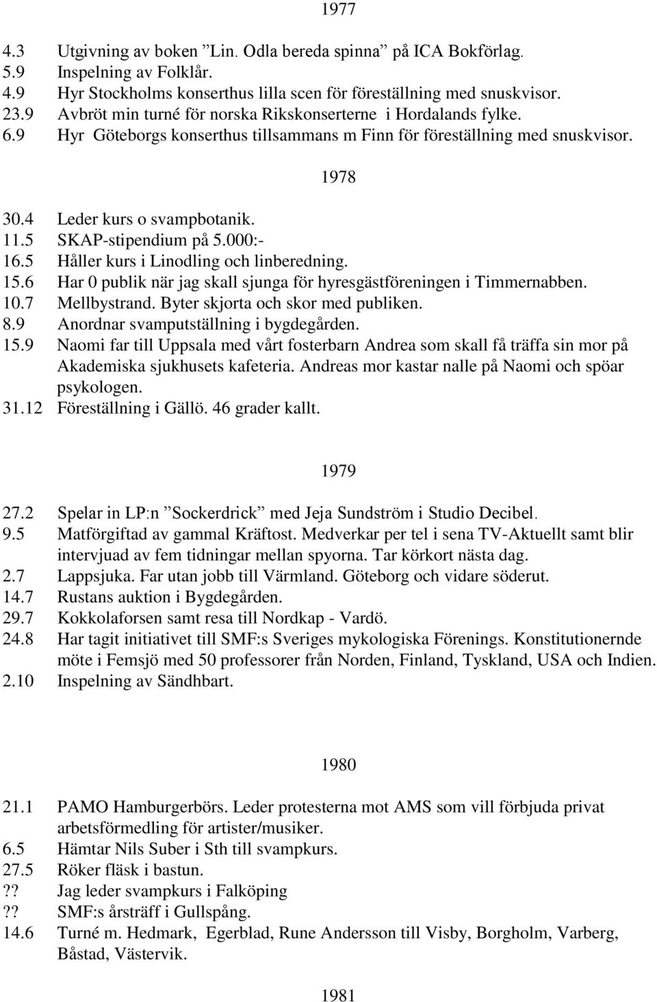 5 SKAP-stipendium på 5.000:- 16.5 Håller kurs i Linodling och linberedning. 15.6 Har 0 publik när jag skall sjunga för hyresgästföreningen i Timmernabben. 10.7 Mellbystrand.