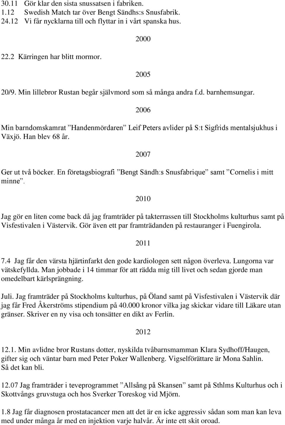 Han blev 68 år. 2007 Ger ut två böcker. En företagsbiografi Bengt Sändh:s Snusfabrique samt Cornelis i mitt minne.