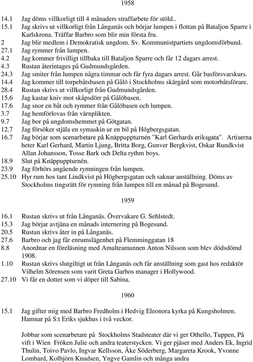 2 Jag kommer frivilligt tillbaka till Bataljon Sparre och får 12 dagars arrest. 4.3 Rustan återintages på Gudmundsgården. 24.3 Jag smiter från lumpen några timmar och får fyra dagars arrest.