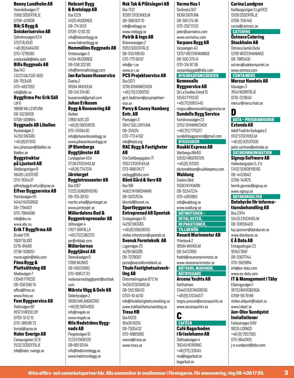 se Byggfirma Per Erik Säll Löt 6 18696 VALLENTUNA 08-51236106 0708-509884 Byggnads Libellen Nyckelvägen 3 14250 SKOGÅS +46 (8) 873110 lars.johansson@libellen.se libellen.