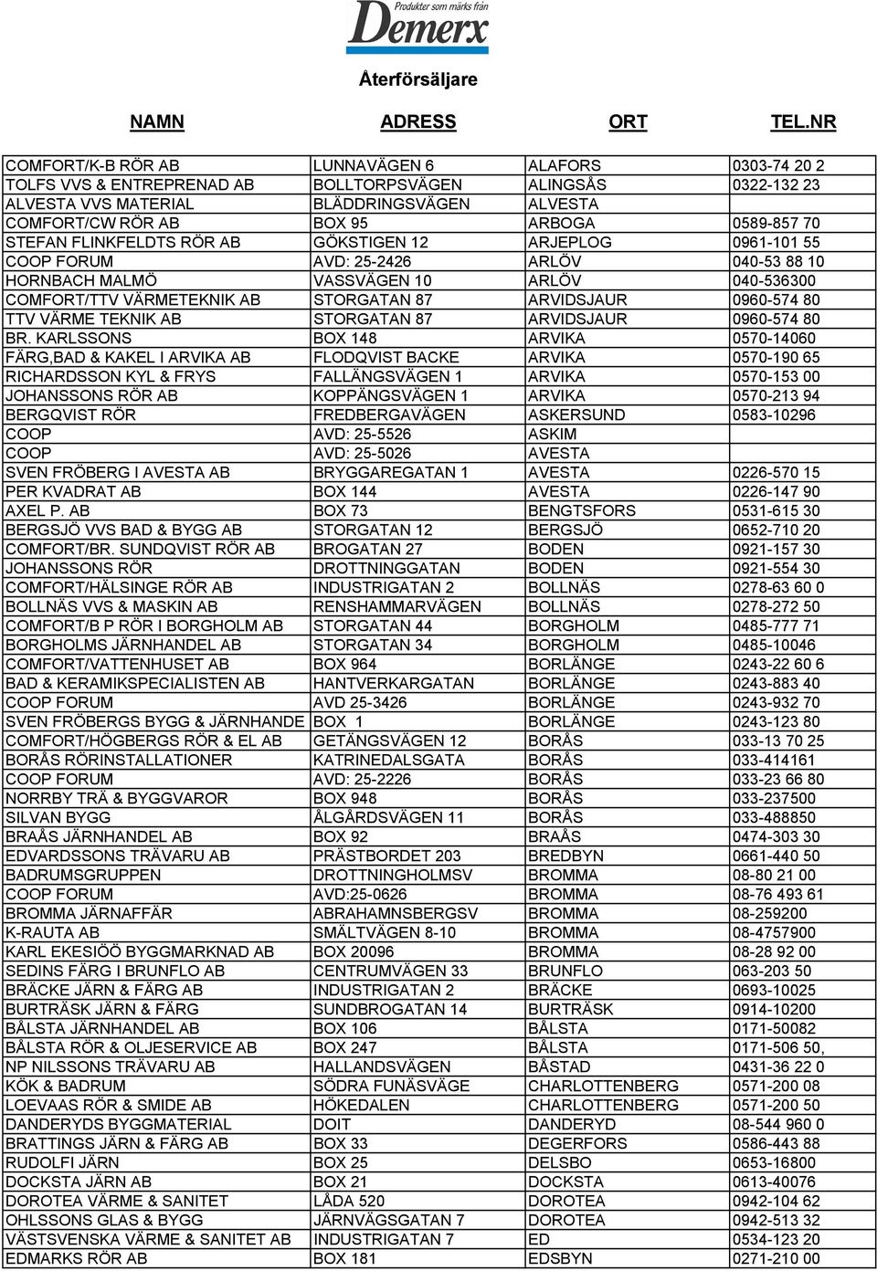 0589-857 70 STEFAN FLINKFELDTS RÖR AB GÖKSTIGEN 12 ARJEPLOG 0961-101 55 COOP FORUM AVD: 25-2426 ARLÖV 040-53 88 10 HORNBACH MALMÖ VASSVÄGEN 10 ARLÖV 040-536300 COMFORT/TTV VÄRMETEKNIK AB STORGATAN 87
