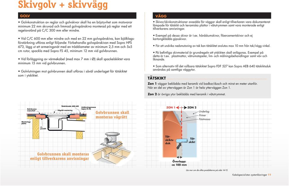 Vid C/C 600 mm eller mindre och med en 22 mm golvspånskiva, kan bjälklagsförstärkning utföras enligt följande: Förbehandla golvspånskivan med Sopro HPS 673, lägg ut ett armeringsnät med en