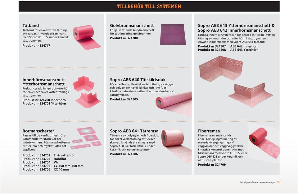 Produkt nr 324708 Sopro AEB 643 Ytterhörnsmanschett & Sopro AEB 642 Innerhörnsmanschett Färdiga innerhörn/ytterhörn för enkel och flexibel vattentätning av innerhörn och ytterhörn i våtutrymmen.