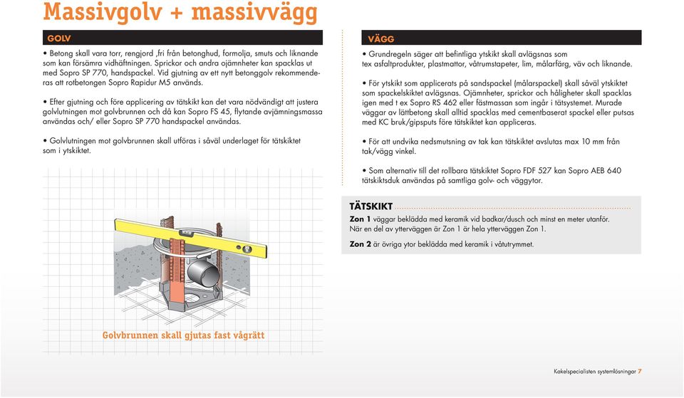 Efter gjutning och före applicering av tätskikt kan det vara nödvändigt att justera golvlutningen mot golvbrunnen och då kan Sopro FS 45, flytande avjämningsmassa användas och/ eller Sopro SP 770