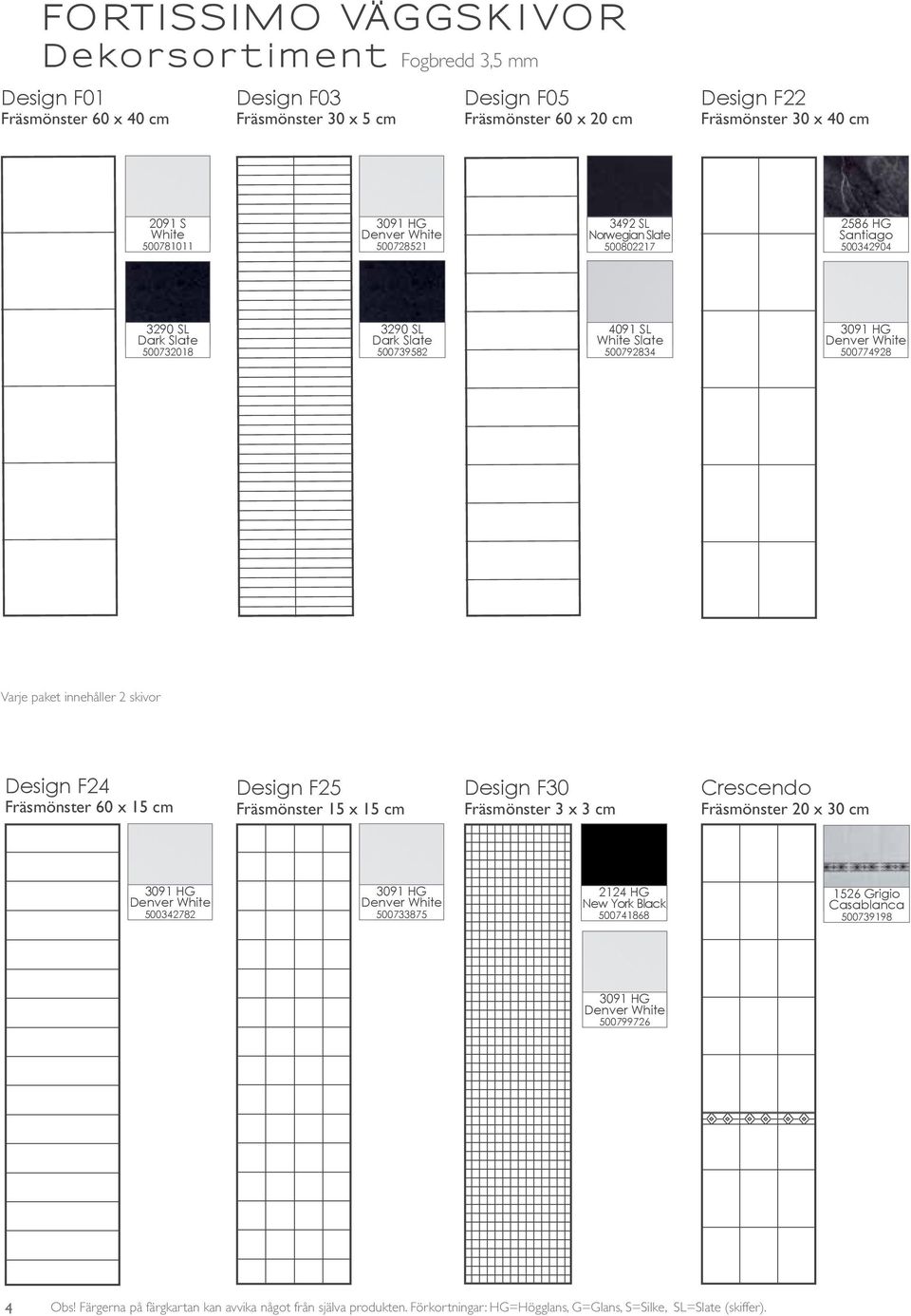 3091 HG Denver White 500774928 Varje paket innehåller 2 skivor Design F24 Fräsmönster 60 x 15 cm Design F25 Fräsmönster 15 x 15 cm Design F30 Fräsmönster 3 x 3 cm Crescendo Fräsmönster 20 x 30 cm