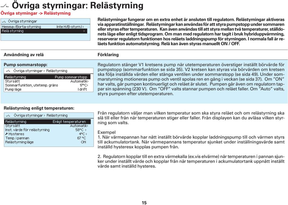 Relästyrningar kan användas för att styra pumpstopp under sommaren eller styras efter temperaturen. Kan även användas till att styra mellan två temperaturer, ställdonets läge eller enligt tidsprogram.