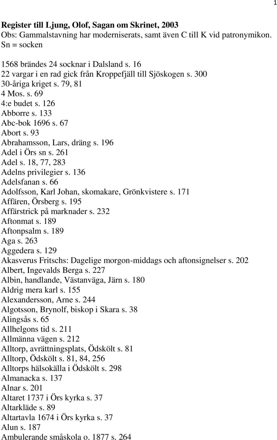 196 Adel i Örs sn s. 261 Adel s. 18, 77, 283 Adelns privilegier s. 136 Adelsfanan s. 66 Adolfsson, Karl Johan, skomakare, Grönkvistere s. 171 Affären, Örsberg s. 195 Affärstrick på marknader s.