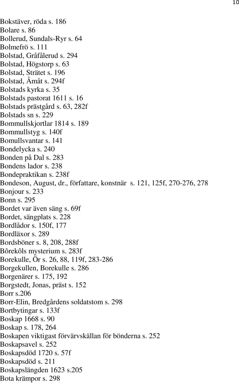 283 Bondens lador s. 238 Bondepraktikan s. 238f Bondeson, August, dr., författare, konstnär s. 121, 125f, 270-276, 278 Bonjour s. 233 Bonn s. 295 Bordet var även säng s. 69f Bordet, sängplats s.