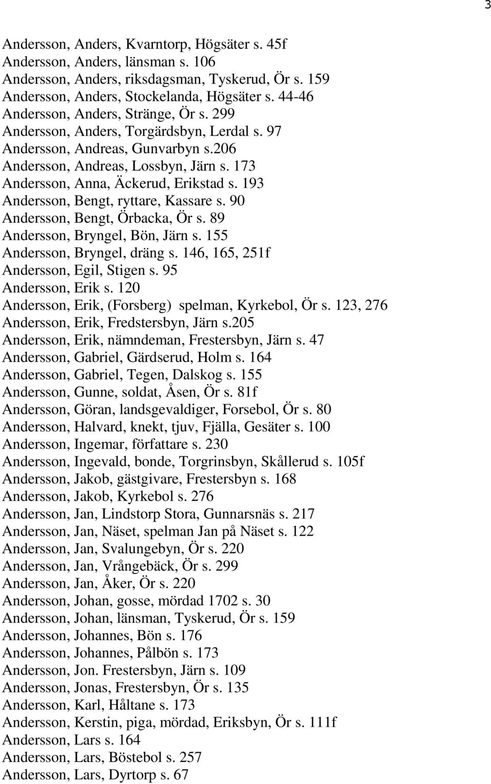 173 Andersson, Anna, Äckerud, Erikstad s. 193 Andersson, Bengt, ryttare, Kassare s. 90 Andersson, Bengt, Örbacka, Ör s. 89 Andersson, Bryngel, Bön, Järn s. 155 Andersson, Bryngel, dräng s.