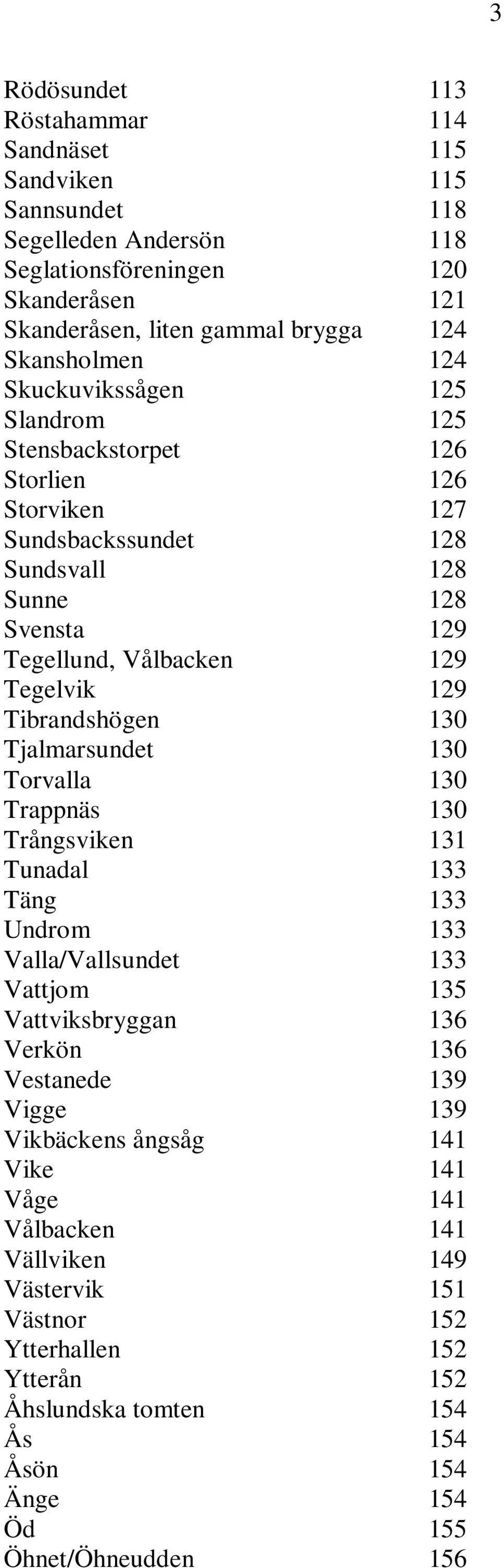 Tibrandshögen 130 Tjalmarsundet 130 Torvalla 130 Trappnäs 130 Trångsviken 131 Tunadal 133 Täng 133 Undrom 133 Valla/Vallsundet 133 Vattjom 135 Vattviksbryggan 136 Verkön 136 Vestanede 139