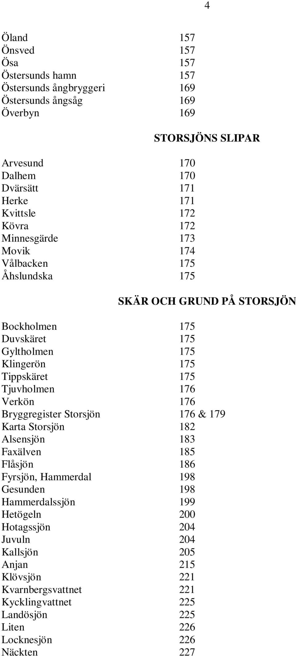 Tippskäret 175 Tjuvholmen 176 Verkön 176 Bryggregister Storsjön 176 & 179 Karta Storsjön 182 Alsensjön 183 Faxälven 185 Flåsjön 186 Fyrsjön, Hammerdal 198 Gesunden 198