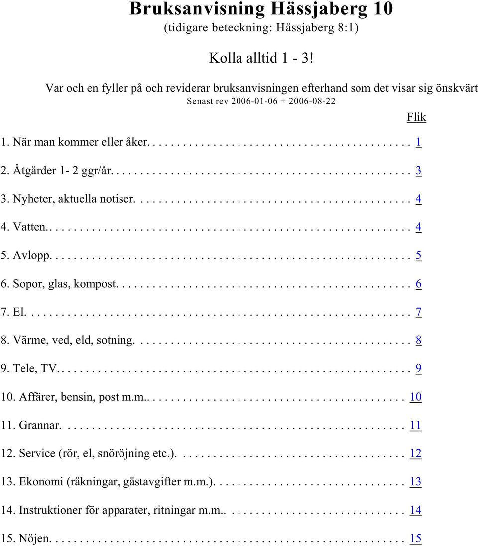 Åtgärder 1-2 ggr/år... 3 3. Nyheter, aktuella notiser... 4 4. Vatten... 4 5. Avlopp... 5 6. Sopor, glas, kompost... 6 7. El... 7 8. Värme, ved, eld, sotning.... 8 9. Tele, TV.