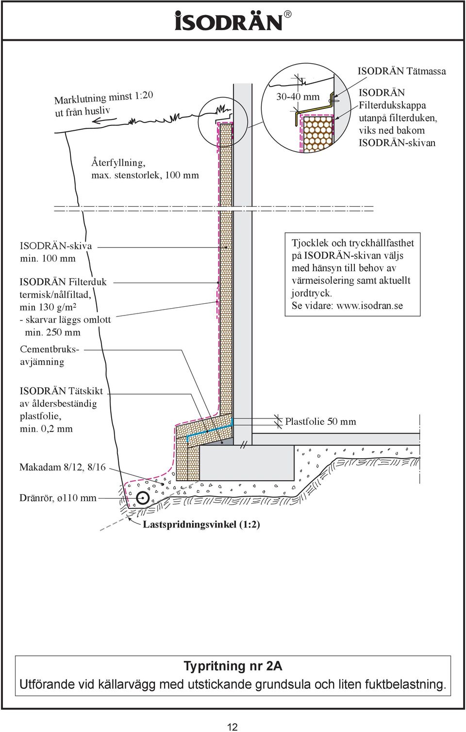 0,2 mm Tjocklek och tryckhållfasthet på -skivan väljs med hänsyn till behov av värmeisolering samt aktuellt jordtryck. Se vidare: www.isodran.