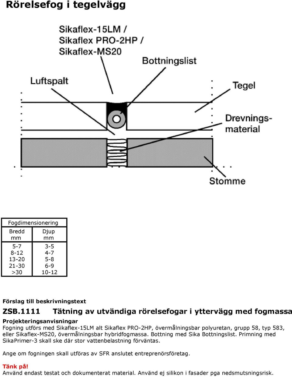 polyuretan, grupp 58, typ 583, eller Sikaflex-MS20, övermålningsbar hybridfogmassa. Bottning med Sika Bottningslist.