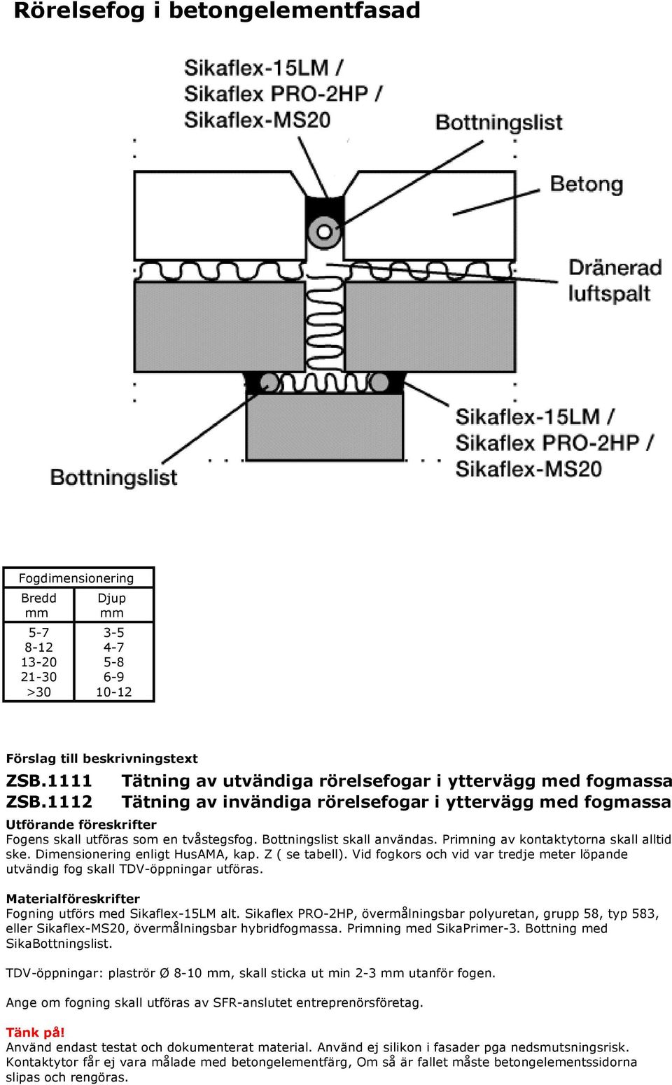 Bottningslist skall användas. Primning av kontaktytorna skall alltid ske. Dimensionering enligt HusAMA, kap. Z ( se tabell).