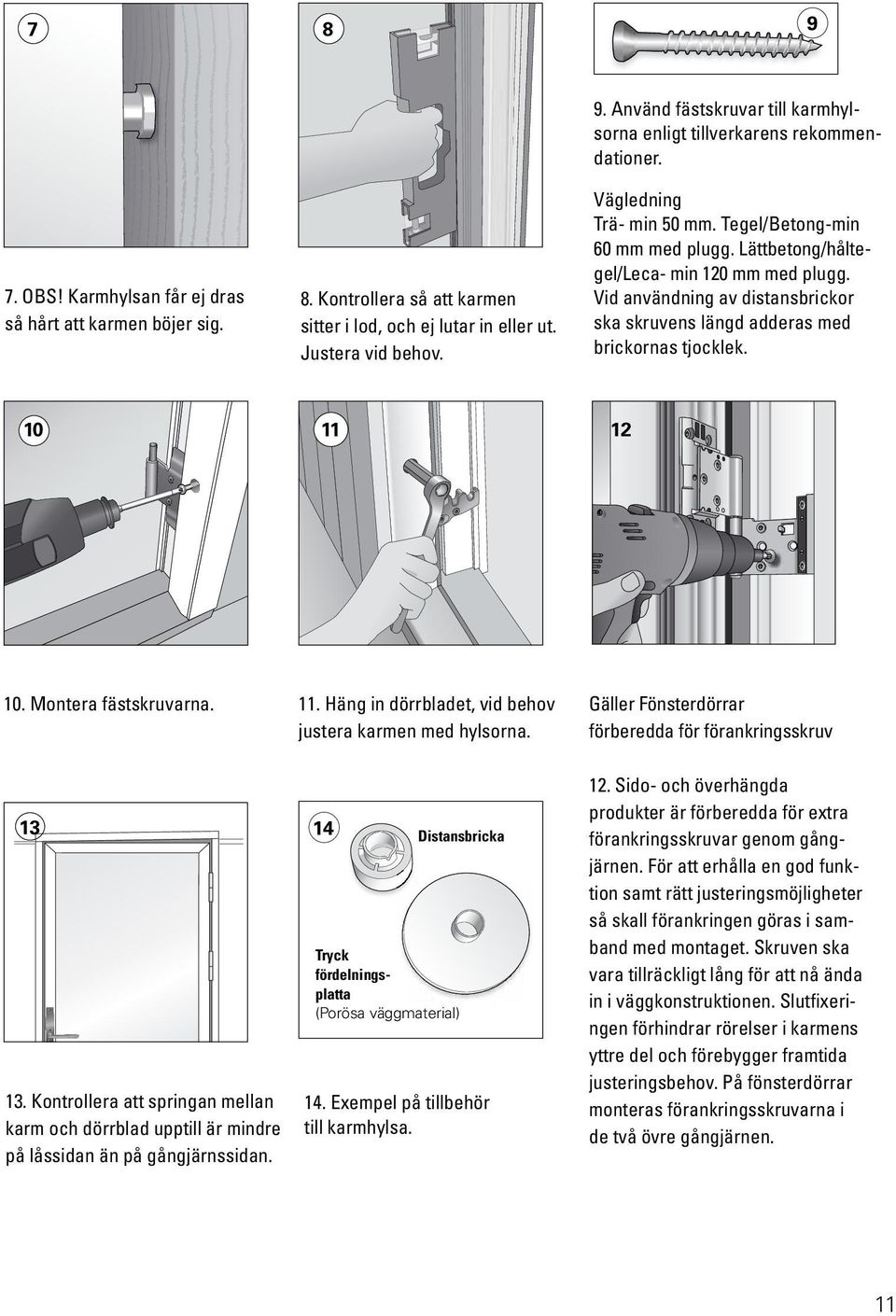 Montera fästskruvarna.. Häng in dörrbladet, vid behov justera karmen med hylsorna. Gäller Fönsterdörrar förberedda för förankringsskruv 3 3.