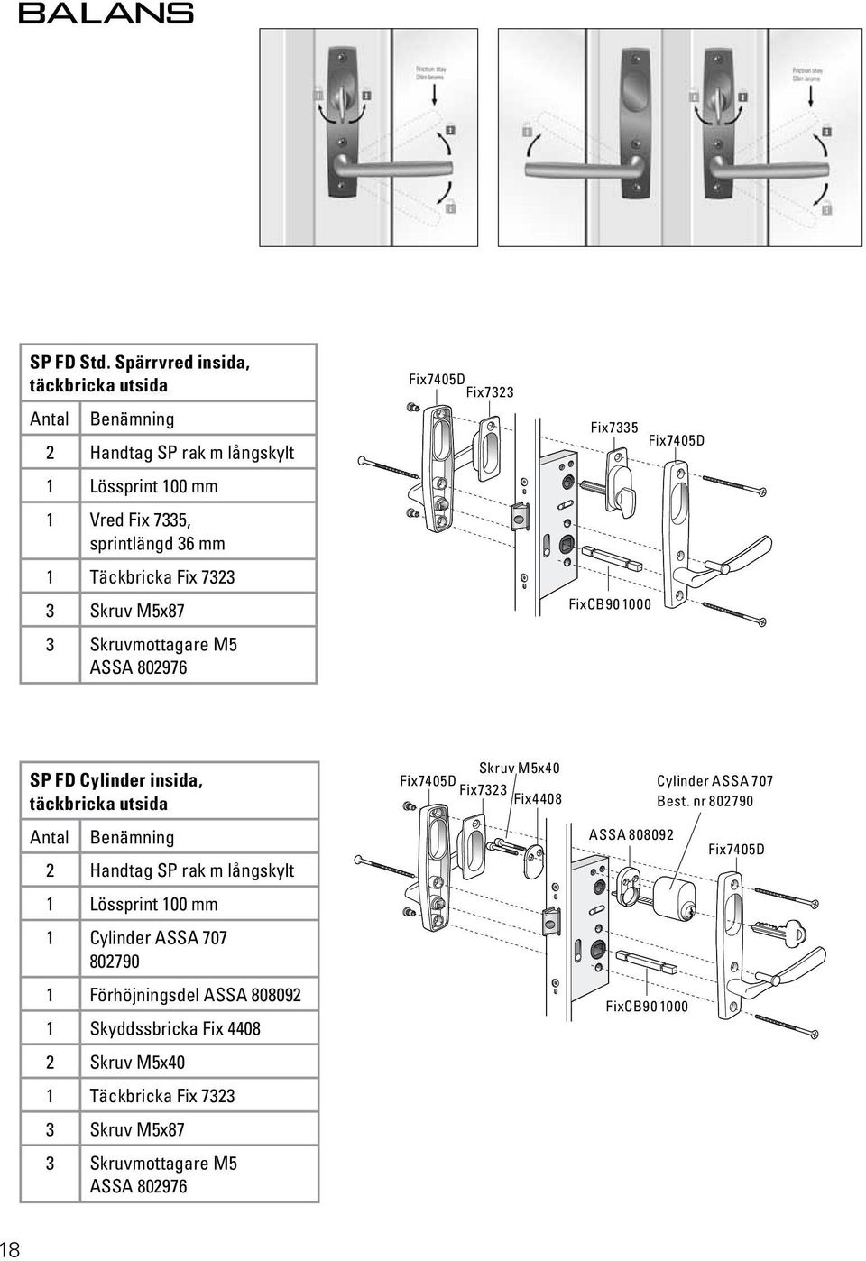 Skruv M5x87 3 Skruvmottagare M5 ASSA 802976 Fix7405D Fix7323 Fix7335 Fix7405D FixCB90 000 SP FD Cylinder insida, täckbricka utsida Antal Benämning 2