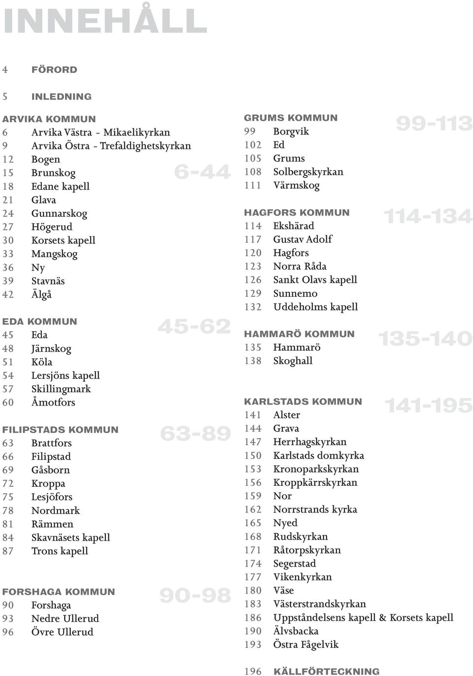 Lesjöfors 78 Nordmark 81 Rämmen 84 Skavnäsets kapell 87 Trons kapell FORSHAGA KOMMUN 90 Forshaga 93 Nedre Ullerud 96 Övre Ullerud 6-44 45-62 63-89 90-98 GRUMS KOMMUN 99 Borgvik 102 Ed 105 Grums 108