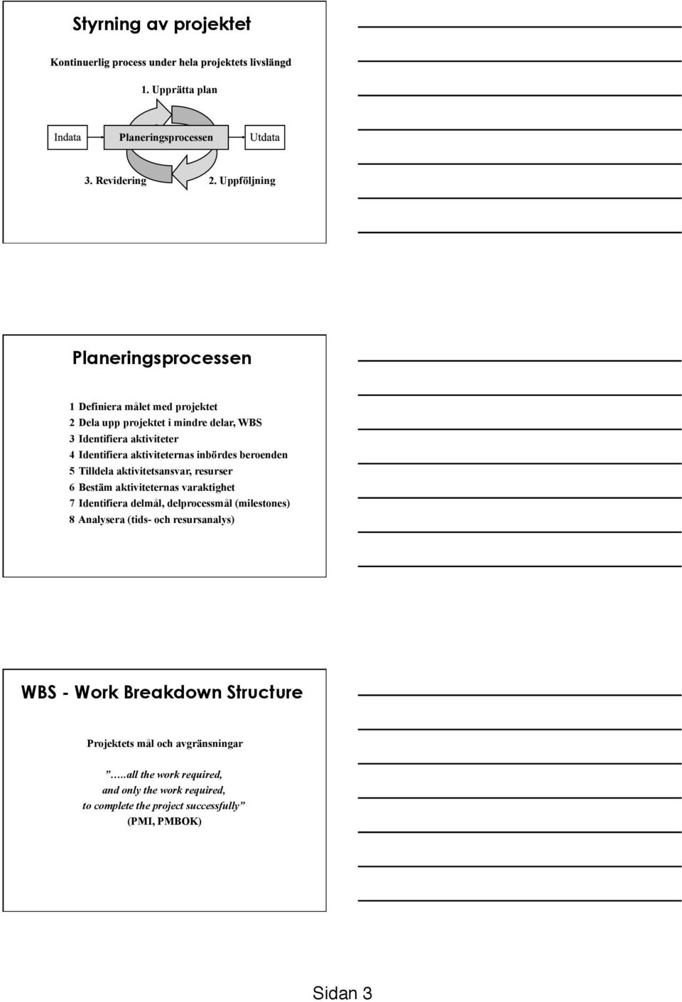 5 Tilldela aktivitetsansvar, resurser 6 Bestäm aktiviteternas varaktighet 7 Identifiera delmål, delprocessmål (milestones) 8 Analysera (tids- och