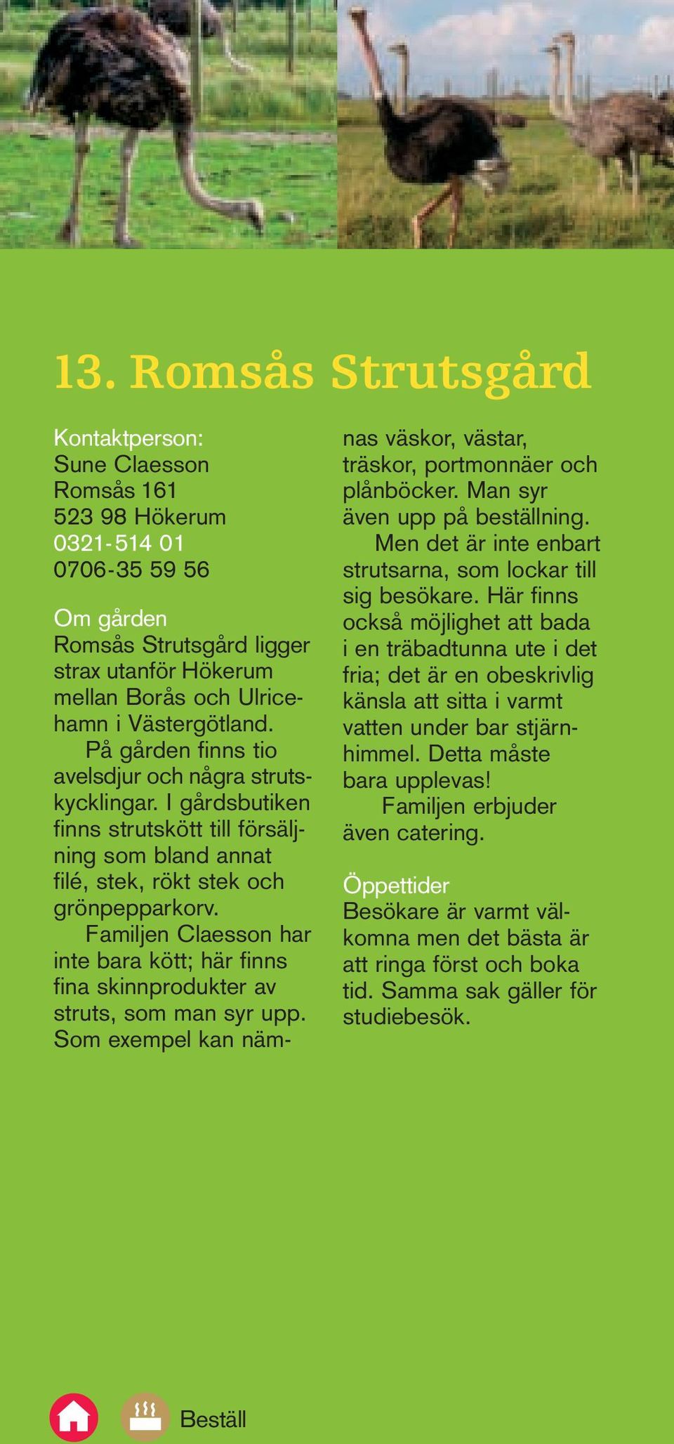 Familjen Claesson har inte bara kött; här finns fina skinnprodukter av struts, som man syr upp. Som exempel kan nämnas väskor, västar, träskor, portmonnäer och plånböcker.