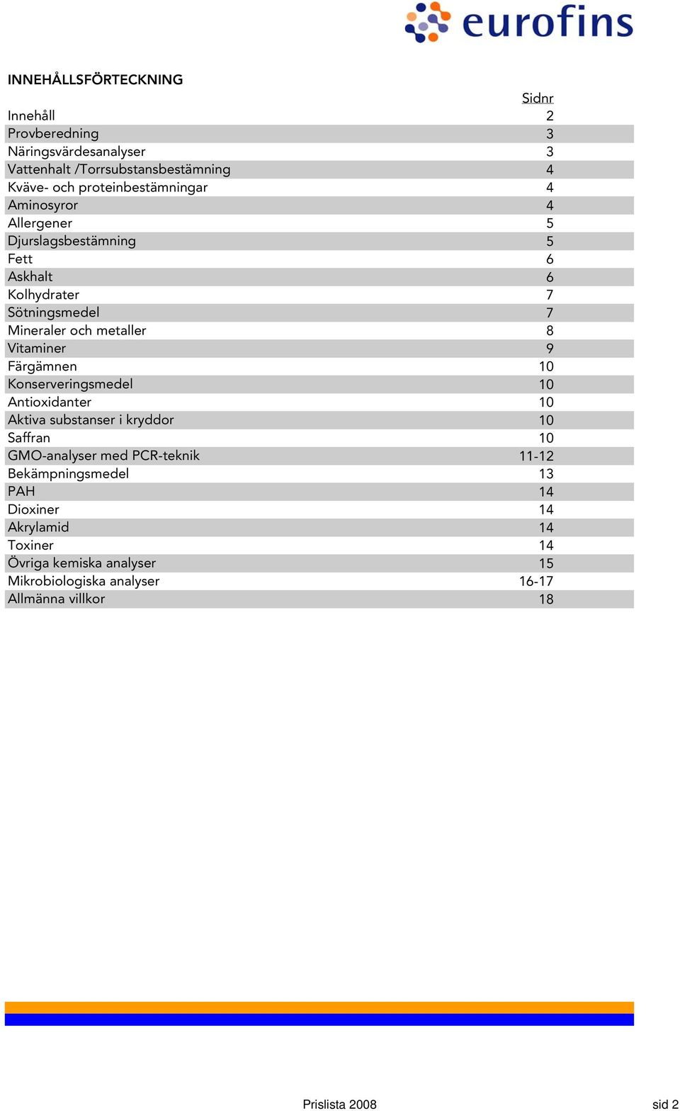 Vitaminer 9 Färgämnen 10 Konserveringsmedel 10 Antioxidanter 10 Aktiva substanser i kryddor 10 Saffran 10 GMO-analyser med PCR-teknik 11-12