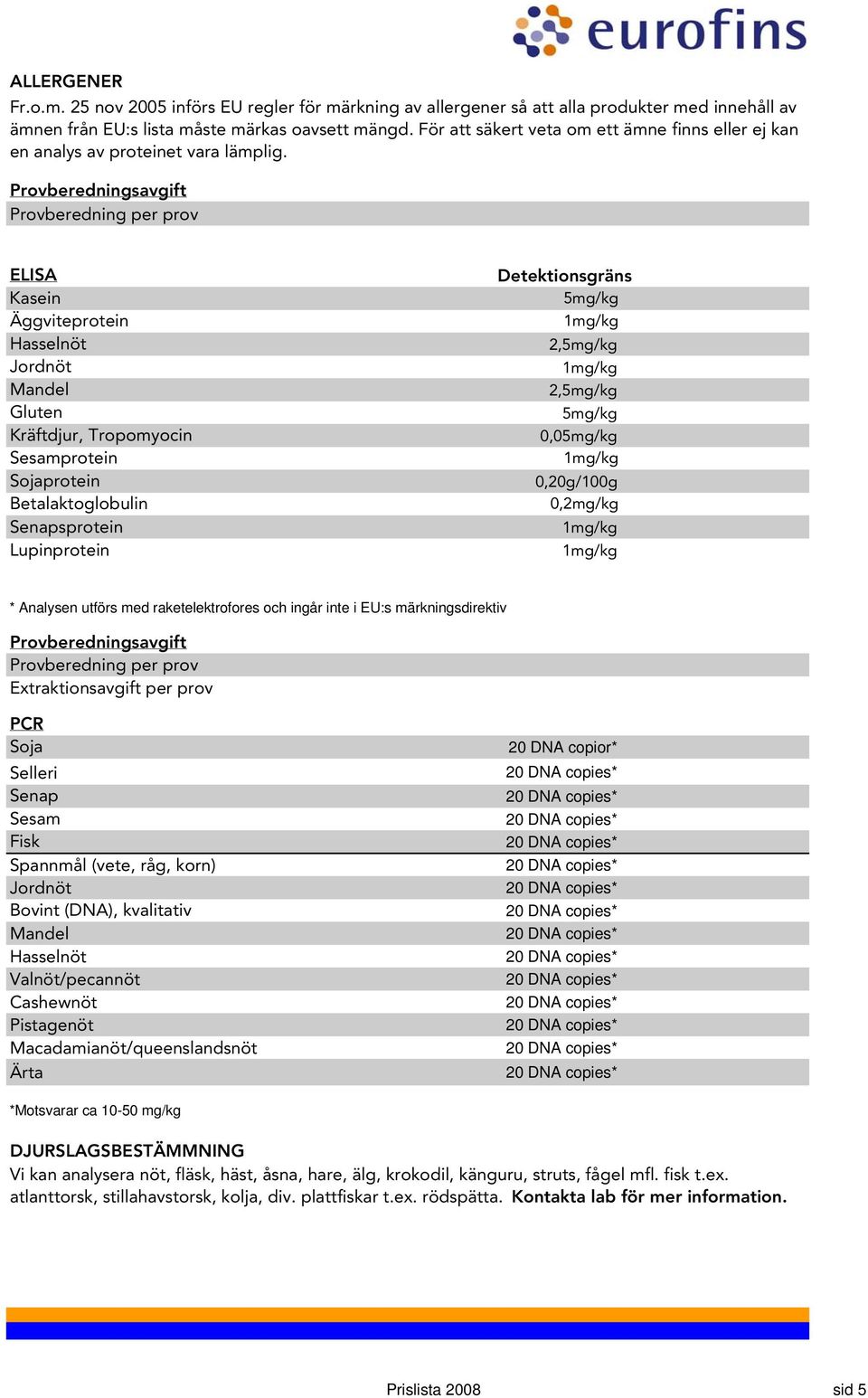 Provberedningsavgift Provberedning per prov ELISA Kasein Äggviteprotein Hasselnöt Jordnöt Mandel Gluten Kräftdjur, Tropomyocin Sesamprotein Sojaprotein Betalaktoglobulin Senapsprotein Lupinprotein