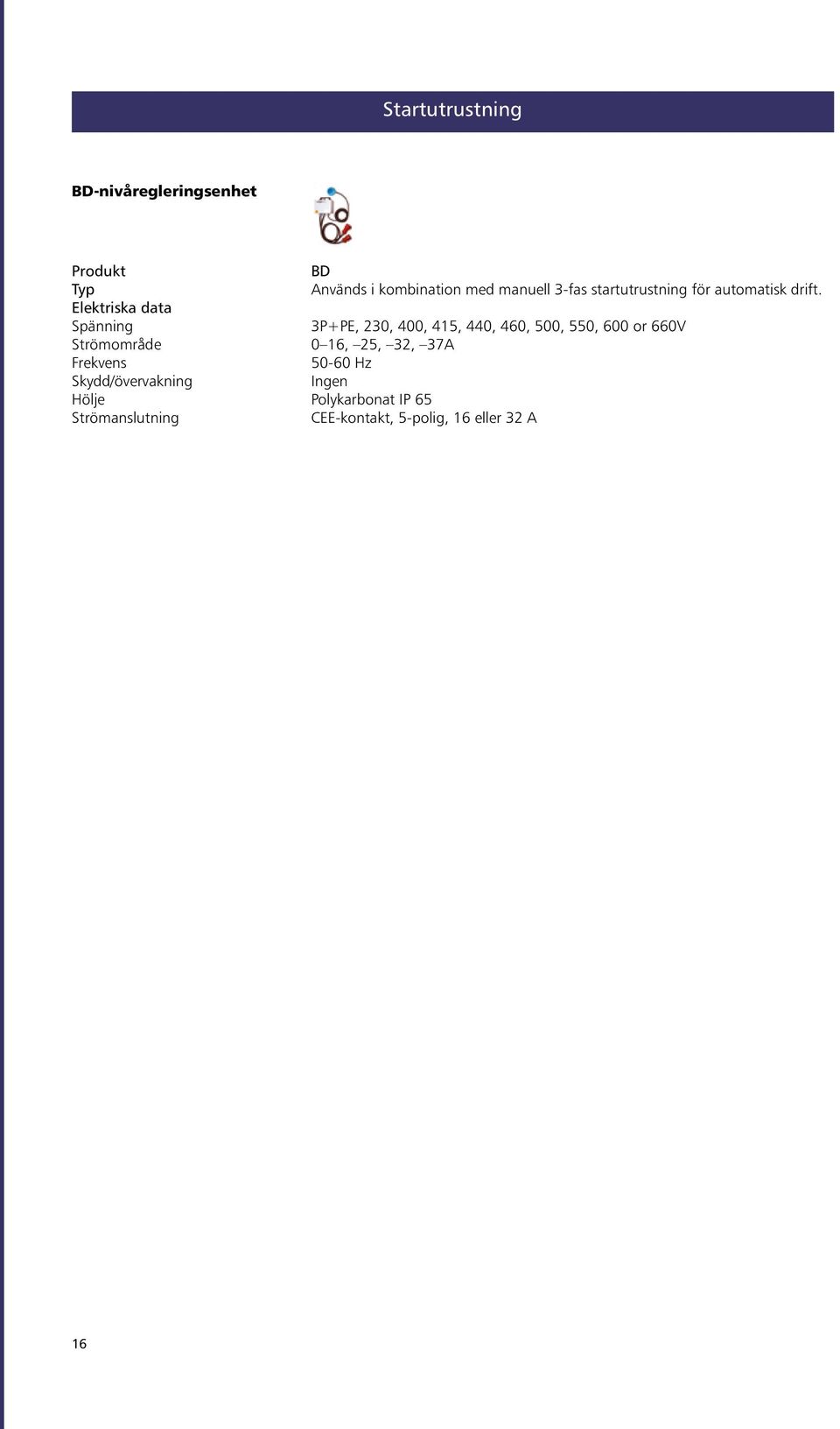 Elektriska data Spänning 3P+PE, 230, 400, 415, 440, 460, 500, 550, 600 or 660V Strömområde 0