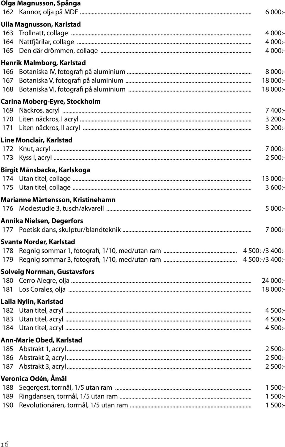 .. 18 000:- Carina Moberg-Eyre, Stockholm 169 Näckros, acryl... 7 400:- 170 Liten näckros, I acryl... 3 200:- 171 Liten näckros, II acryl... 3 200:- Line Monclair, Karlstad 172 Knut, acryl.