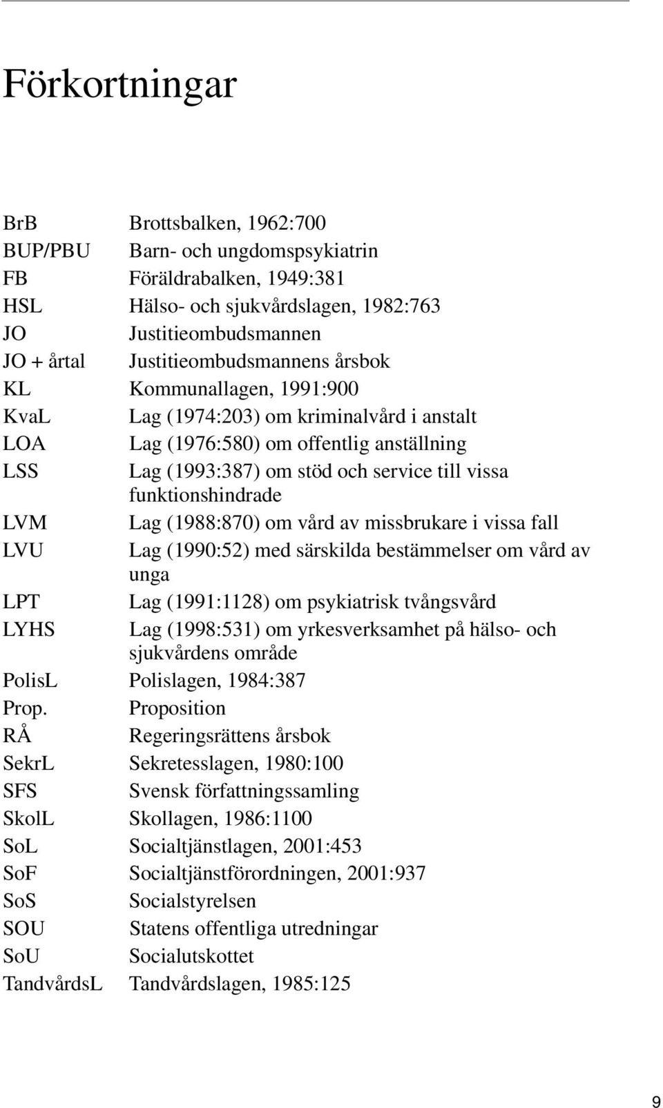 funktionshindrade LVM Lag (1988:870) om vård av missbrukare i vissa fall LVU Lag (1990:52) med särskilda bestämmelser om vård av unga LPT Lag (1991:1128) om psykiatrisk tvångsvård LYHS Lag (1998:531)