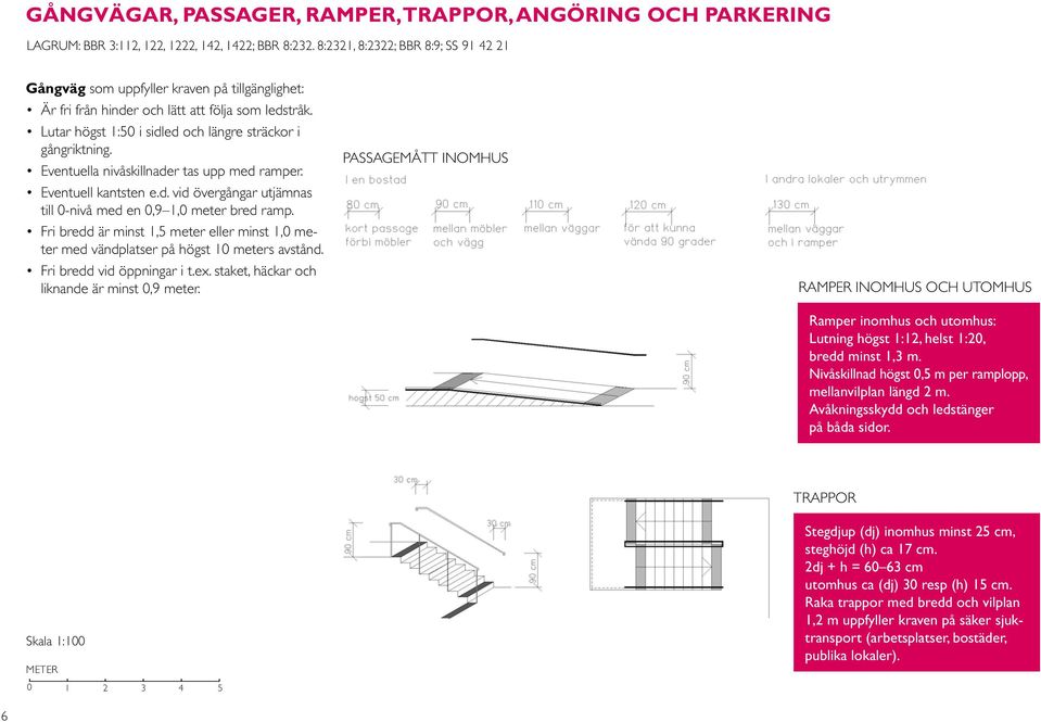 Eventuella nivåskillnader tas upp med ramper. Eventuell kantsten e.d. vid övergångar utjämnas till 0-nivå med en 0,9 1,0 meter bred ramp.