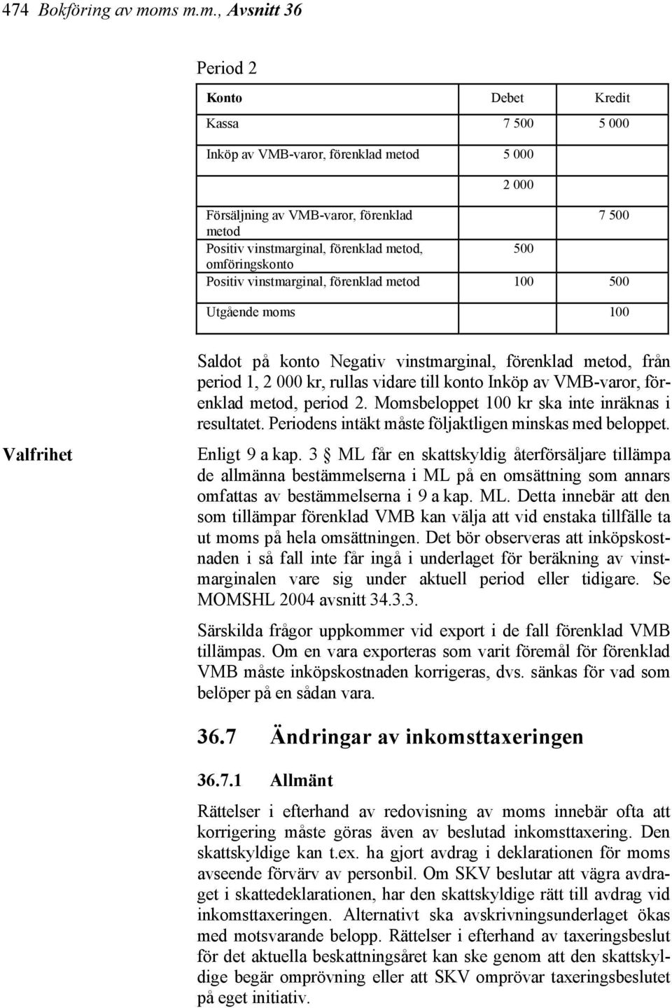 metod, 500 omföringskonto Positiv vinstmarginal, förenklad metod 100 500 Utgående moms 100 Valfrihet Saldot på konto Negativ vinstmarginal, förenklad metod, från period 1, 2 000 kr, rullas vidare