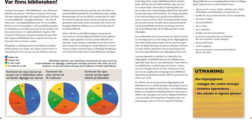 Det finns ett 40-tal myndighets- och specialbibliotek öppna för allmänheten, som tillsammans har 60 serviceställen. Det finns också närmare 115 sjukhusbibliotek.