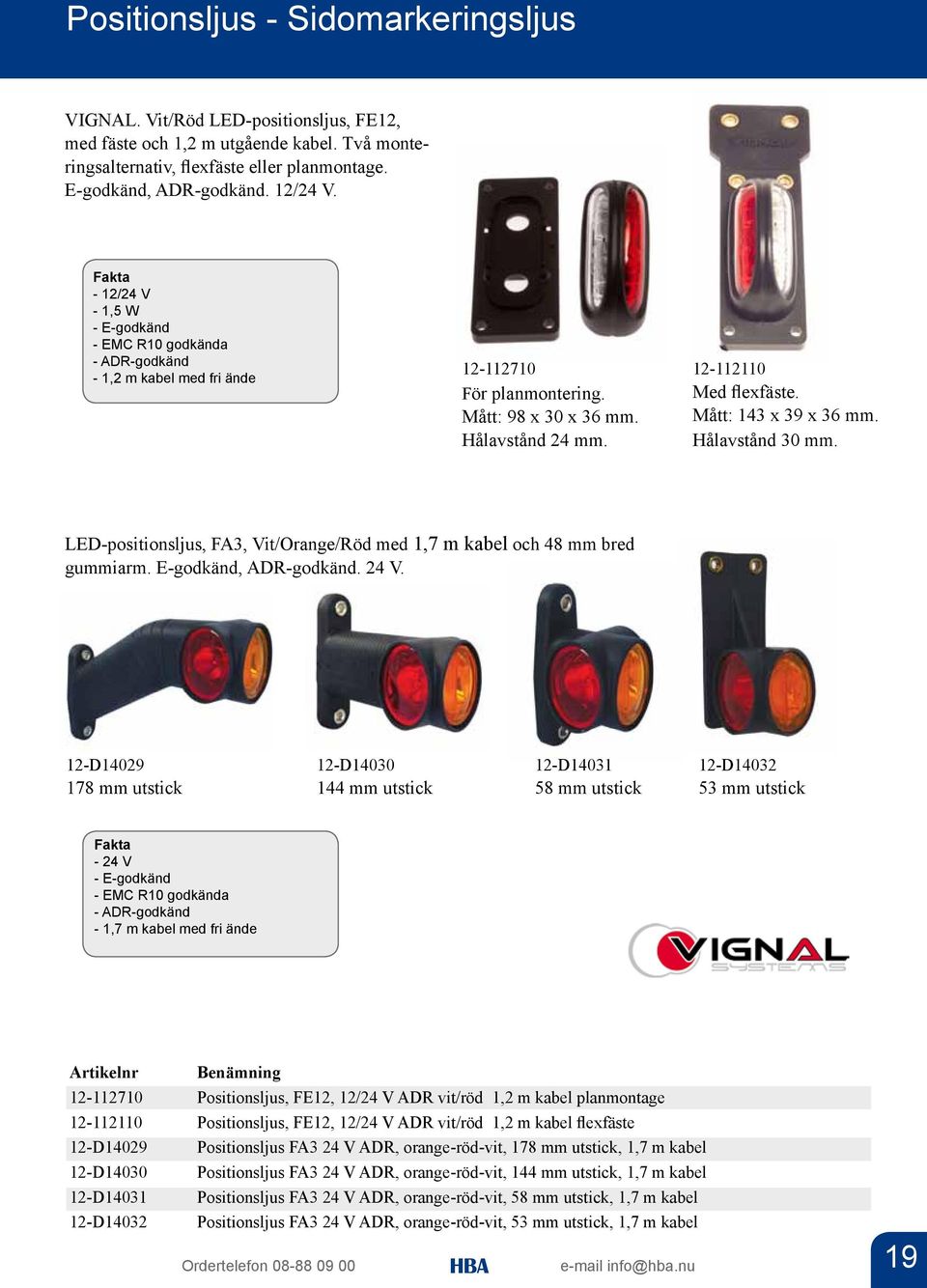 Hålavstånd 30 mm. LED-positionsljus, FA3, Vit/Orange/Röd med 1,7 m kabel och 48 mm bred gummiarm. E-godkänd, ADR-godkänd. 24 V.