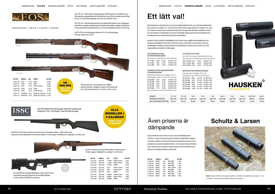 12 och 20 med tre piplängder: 60, 66 och 70 cm. Vikt från 2,45 kg. EOS STEEL LUX Allroundmodell med styrka och smidighet både till jakt och sport. Fågelgravyr i guld.