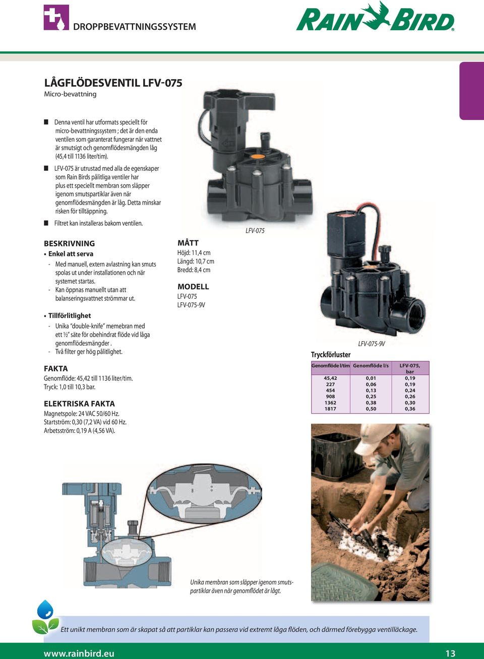 LFv-075 är utrustad med alla de egenskaper som rain birds pålitliga ventiler har plus ett speciellt membran som släpper igenom smutspartiklar även när genomflödesmängden är låg.