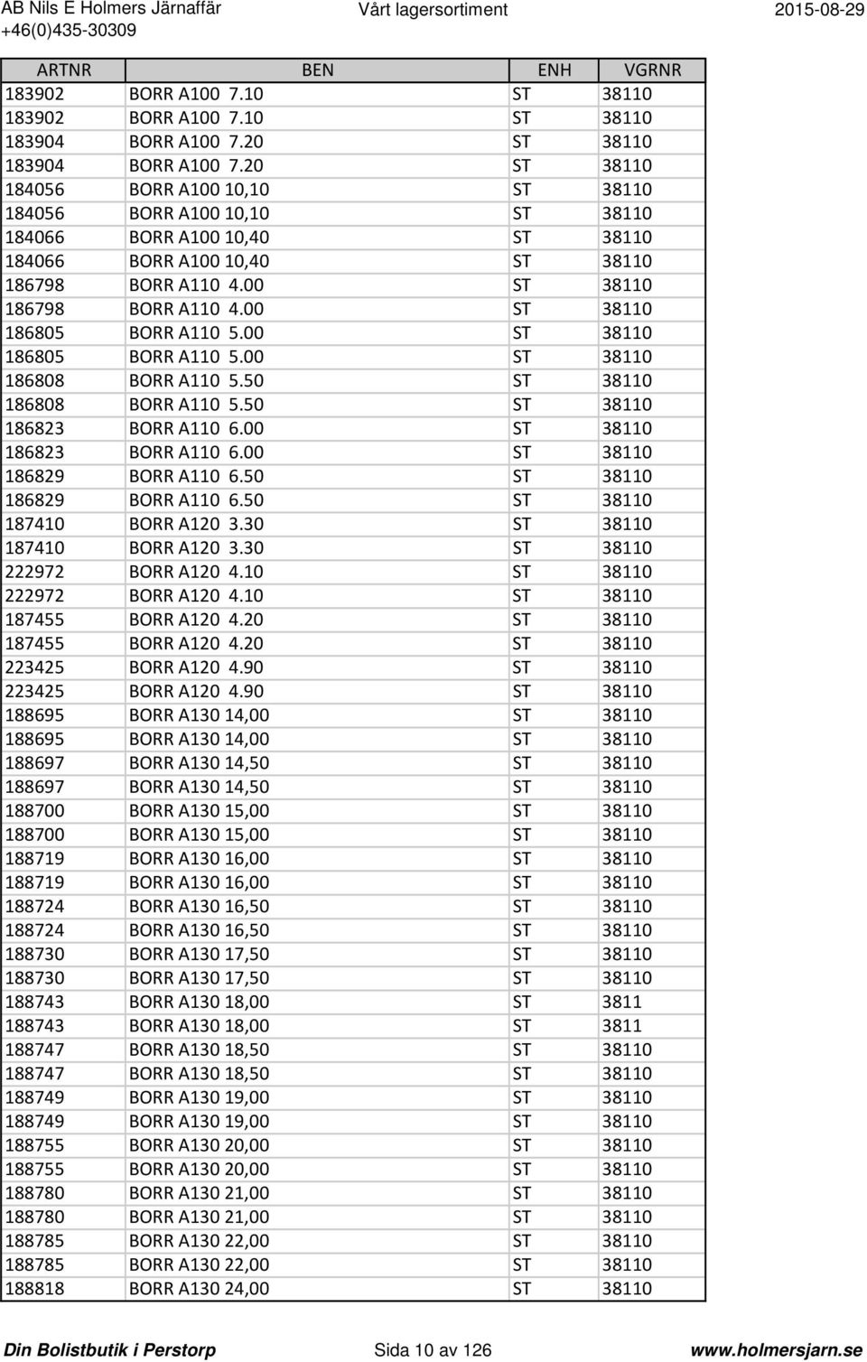 00 ST 38110 186805 BORR A110 5.00 ST 38110 186805 BORR A110 5.00 ST 38110 186808 BORR A110 5.50 ST 38110 186808 BORR A110 5.50 ST 38110 186823 BORR A110 6.00 ST 38110 186823 BORR A110 6.