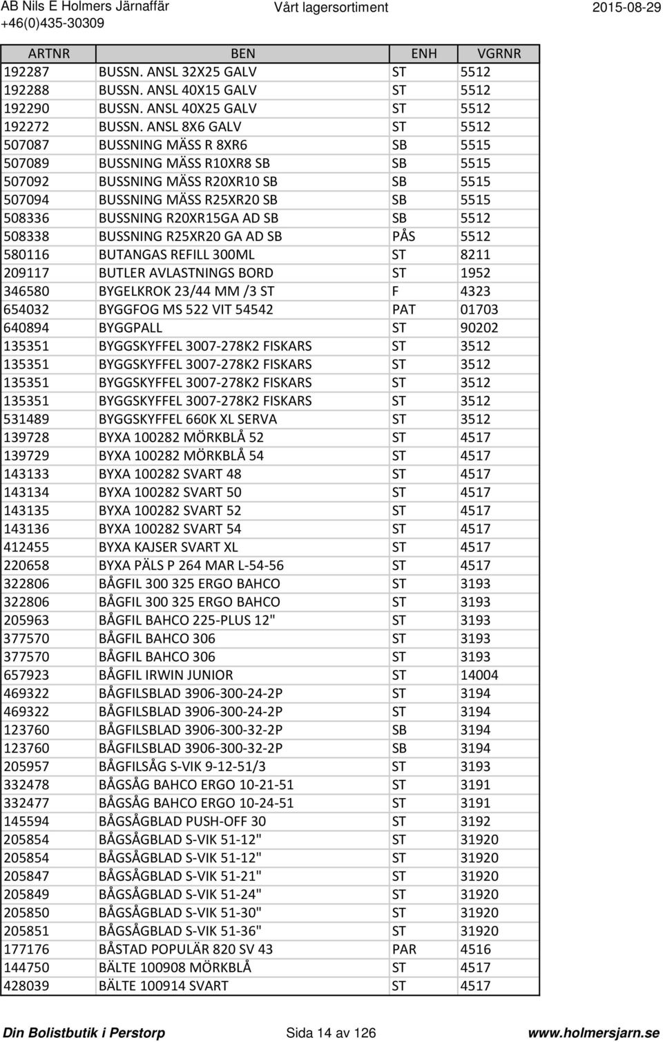 R20XR15GA AD SB SB 5512 508338 BUSSNING R25XR20 GA AD SB PÅS 5512 580116 BUTANGAS REFILL 300ML ST 8211 209117 BUTLER AVLASTNINGS BORD ST 1952 346580 BYGELKROK 23/44 MM /3 ST F 4323 654032 BYGGFOG MS