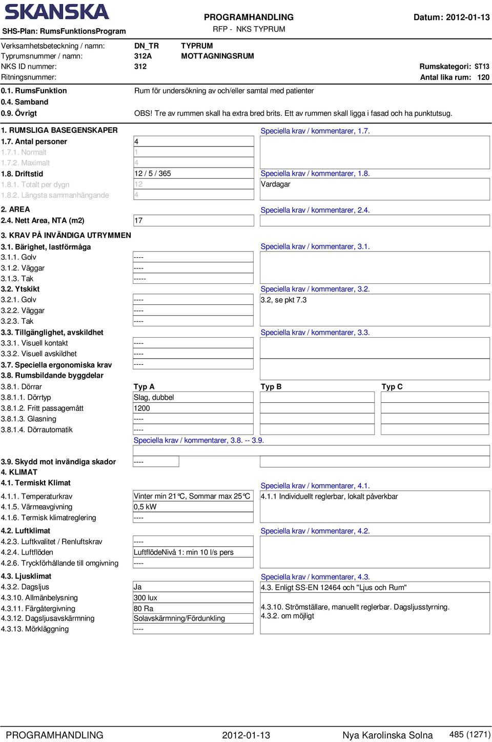 7. Speciella ergonomiska krav 3.8. Rumsbildande byggdelar MOTTAGNINGSRUM 3A_3. MOTTAGNINGSRUM 0.. RumsFunktion Rum för undersökning av och/eller samtal med patienter 0.